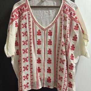 Red and White Embroidered Women's Top